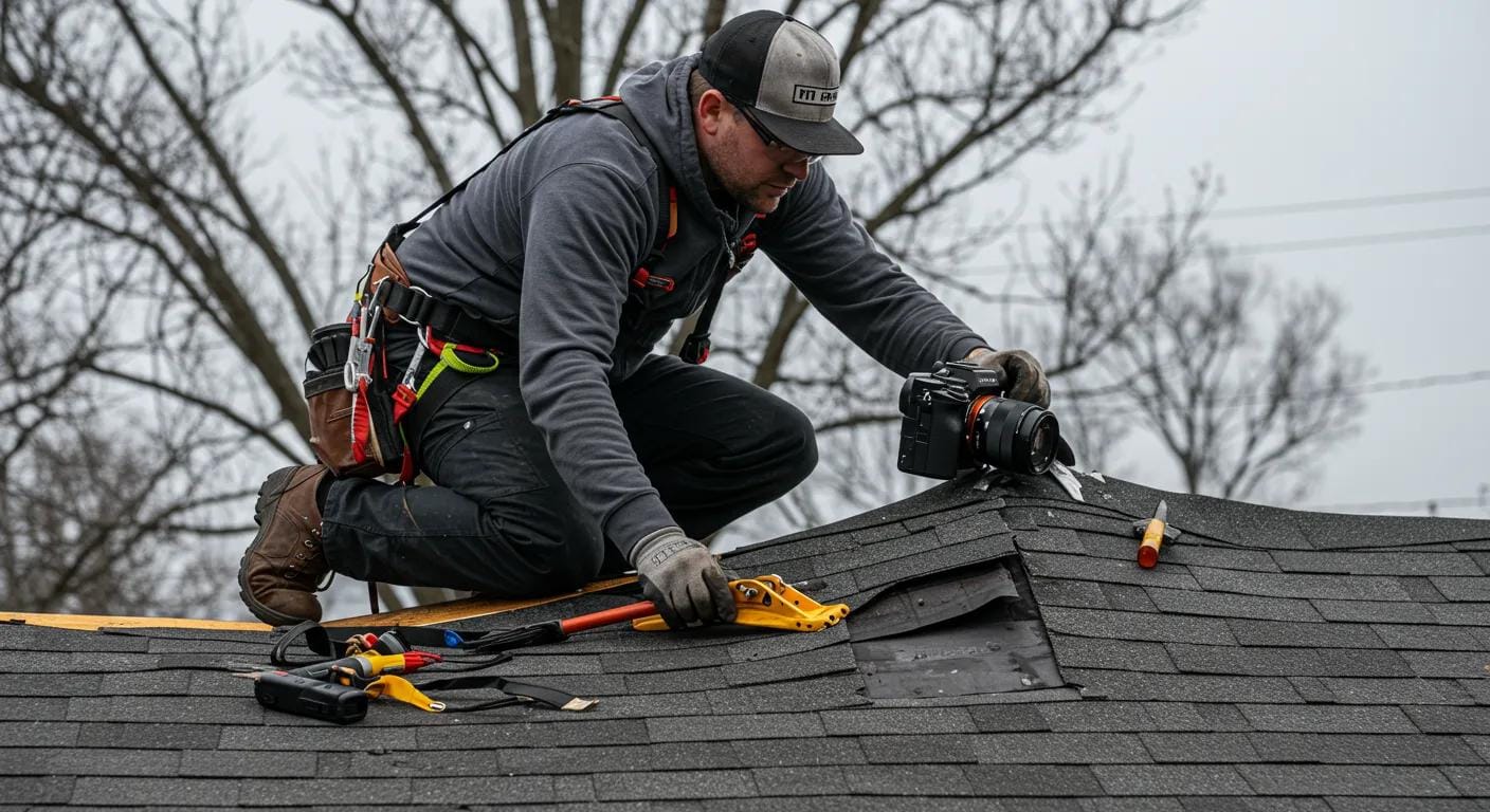 a skilled technician in safety gear meticulously inspects a damaged roof under an overcast sky, showcasing tools and materials for emergency repairs while emphasizing the urgency of immediate roof restoration services in a suburban norristown setting.