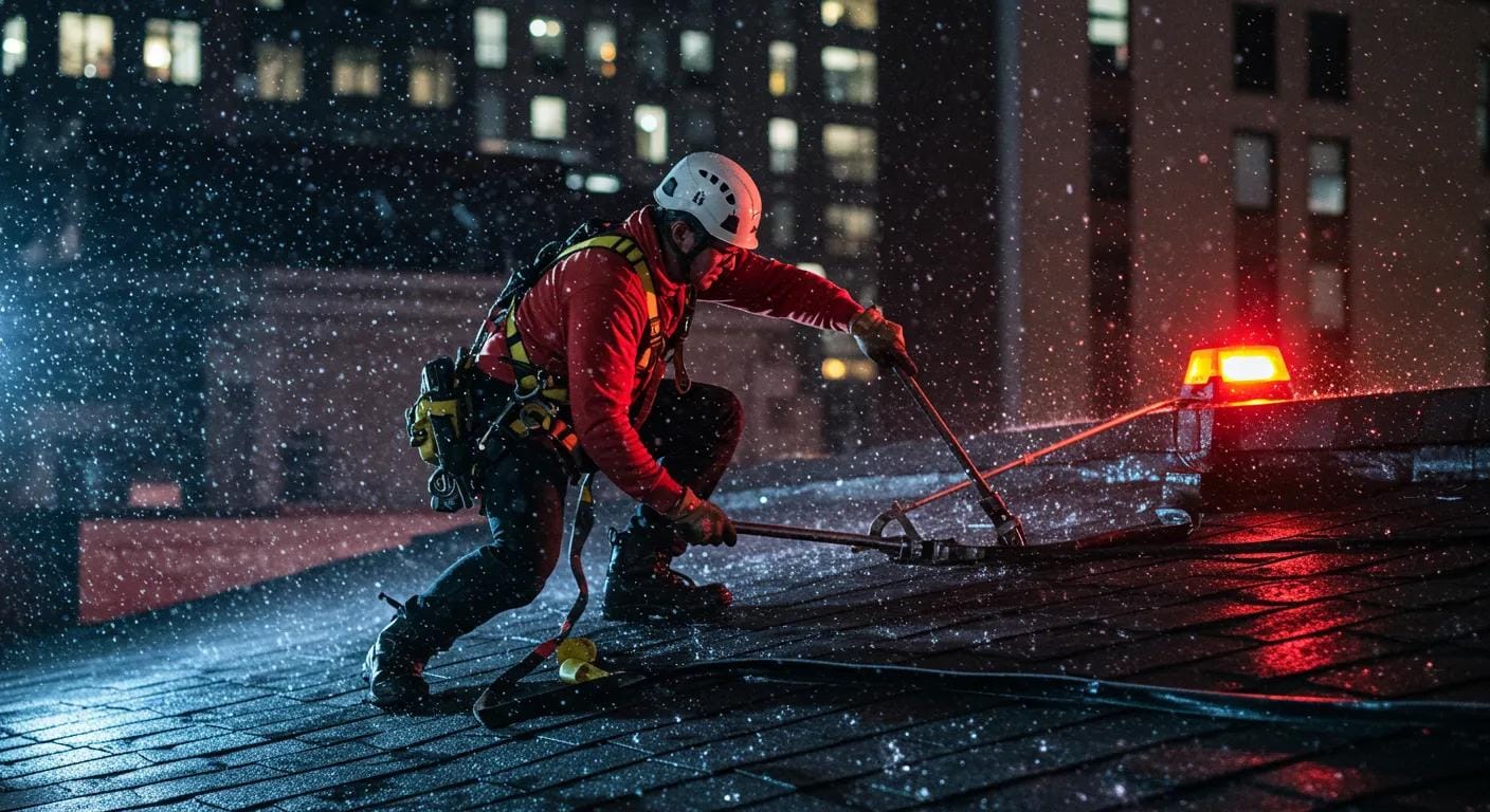 a dynamic urban setting showcases a technician on a rooftop, equipped with tools and safety gear, as they respond to a flashing emergency light while rain pours down, symbolizing the urgency and readiness of 24/7 emergency roof repair services in norristown.