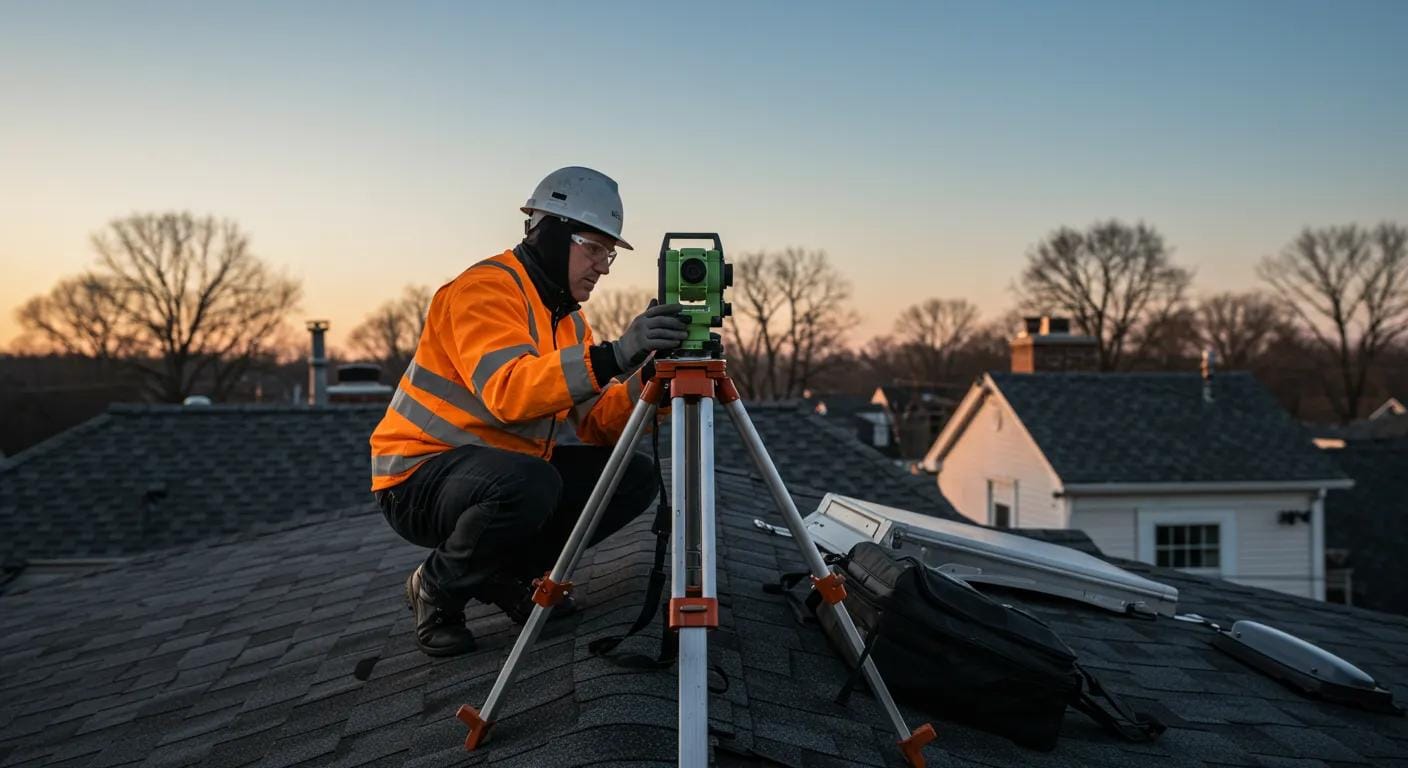 a detailed view of a professional roof inspector surveying a residential rooftop in norristown, utilizing advanced equipment under the stark lighting of a clear afternoon sky, highlighting the complexity and importance of thorough inspections.