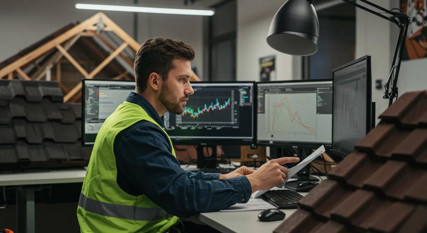 a focused contractor in a modern office, analyzing detailed weather reports on multiple screens while surrounded by seasonal roofing materials, illustrating the proactive measures taken for emergency roof repairs.