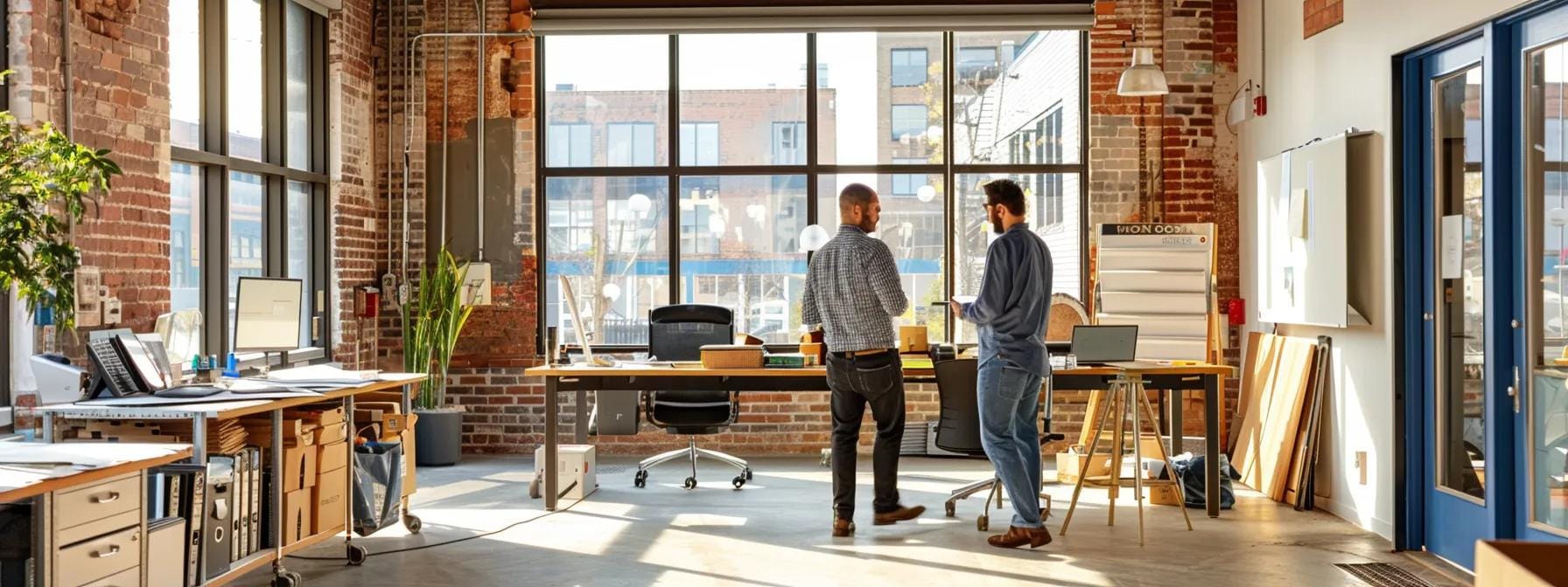 a bustling urban office environment with a local roofing expert discussing proactive maintenance strategies with a business owner, surrounded by detailed repair quotes and promotional material.