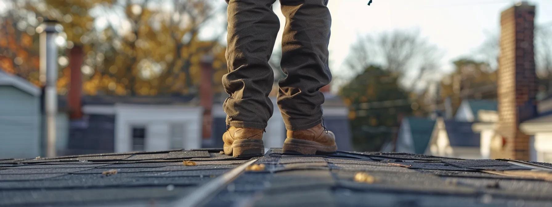 a certified roof inspector clad in professional attire meticulously examines a roof's surface in an urban norristown setting, under dramatic artificial lighting that highlights the textures of various roofing materials.