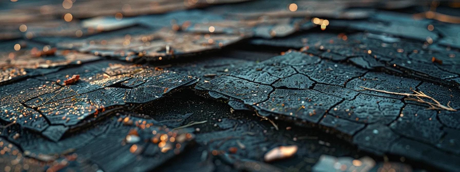 a close-up view of a weathered rooftop after a storm, showcasing visible cracks and debris under the harsh glare of artificial lights, emphasizing the urgent need for post-storm inspection and maintenance.