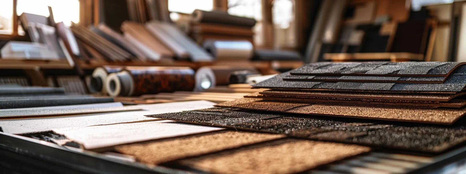 a close-up view of an organized workspace featuring various roofing materials, such as shingles, metal sheets, and tar paper, displayed on a sleek modern table with focused lighting that highlights their textures and colors, emphasizing their qualities for affordable emergency repairs.