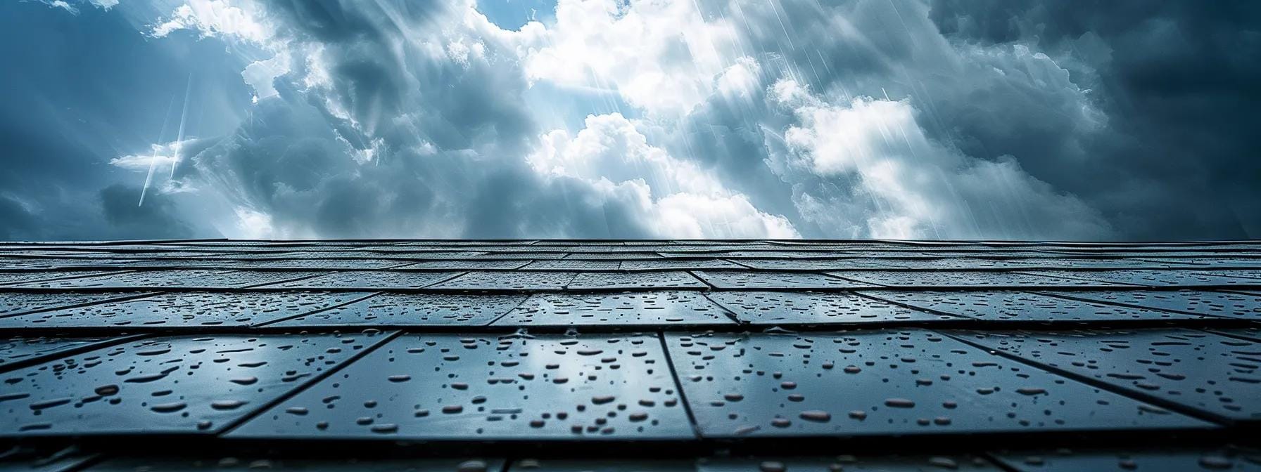 a close-up view of a commercial roof in norristown showcases signs of wear from fluctuating temperatures and heavy rainfall, with dramatic cloud formations overhead indicating impending weather changes, emphasizing the urgent need for durable roofing solutions.