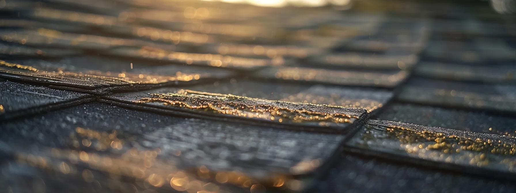 a close-up view of a residential roof in norristown, showcasing worn roofing materials and visible signs of moisture accumulation, illuminated by bright indoor lighting to emphasize the issue of poor ventilation in the attic space.