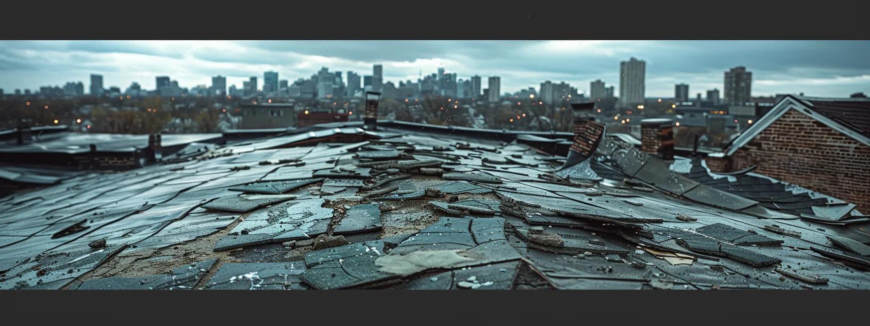 a close-up shot of a damaged rooftop with visible cracks and missing shingles, set against a stark urban skyline, highlights the urgent need for emergency repairs amid the backdrop of an overcast sky.