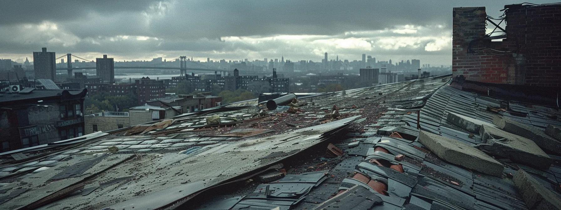 a close-up of a rugged, storm-damaged rooftop with visible patches and materials scattered around, set against a moody urban skyline to emphasize the urgent need for emergency repairs and cost considerations.