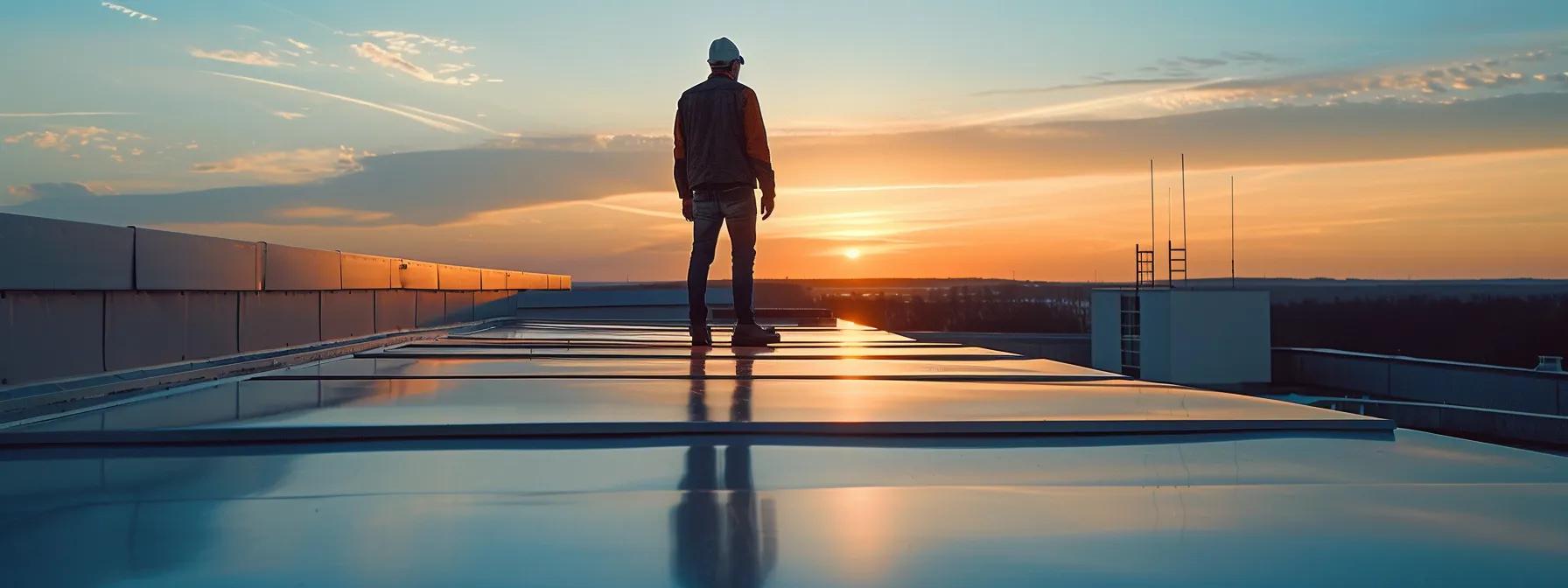 a confident roofing contractor inspects a sleek, modern commercial building's flat roof under bright artificial lighting, highlighting the importance of proactive maintenance and preventative measures to minimize future repair costs.