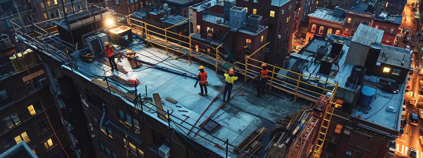a detailed view of a bustling urban rooftop with repair workers in safety gear assessing a damaged roof, surrounded by tools and equipment, under artificial lighting that highlights the urgency of emergency repairs.