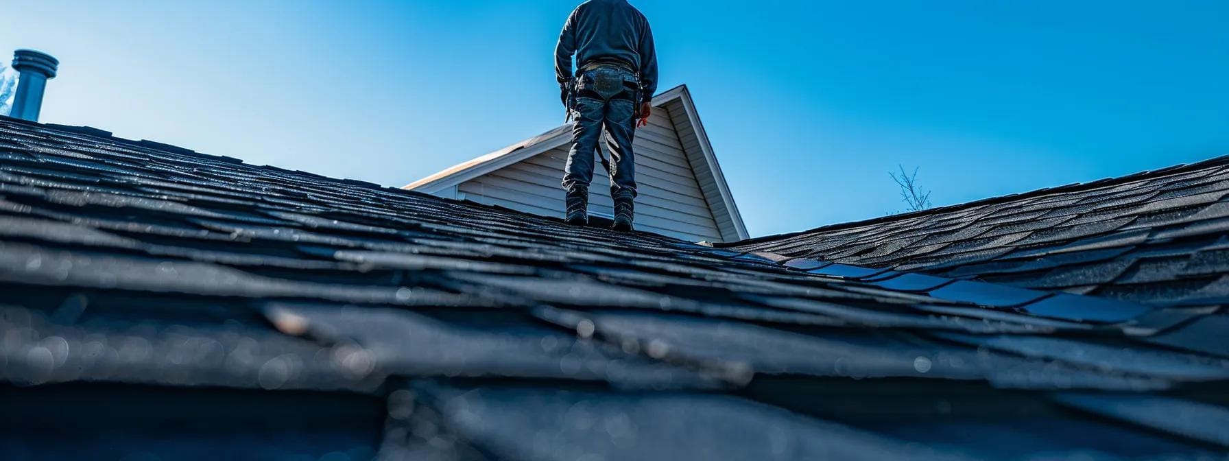 a detailed view of a professional inspector analyzing a residential roof's condition in norristown, using advanced tools against the backdrop of a clear blue sky and urban rooftops.