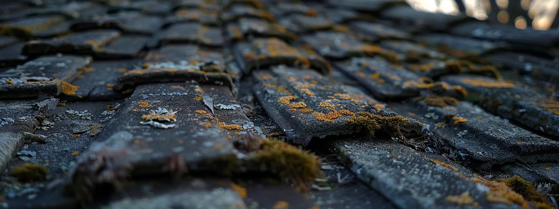 a detailed view of a weathered residential roof in norristown, highlighting damaged shingles, moss growth, and obstructed gutters under dramatic urban lighting to emphasize the common roofing issues faced during inspections.