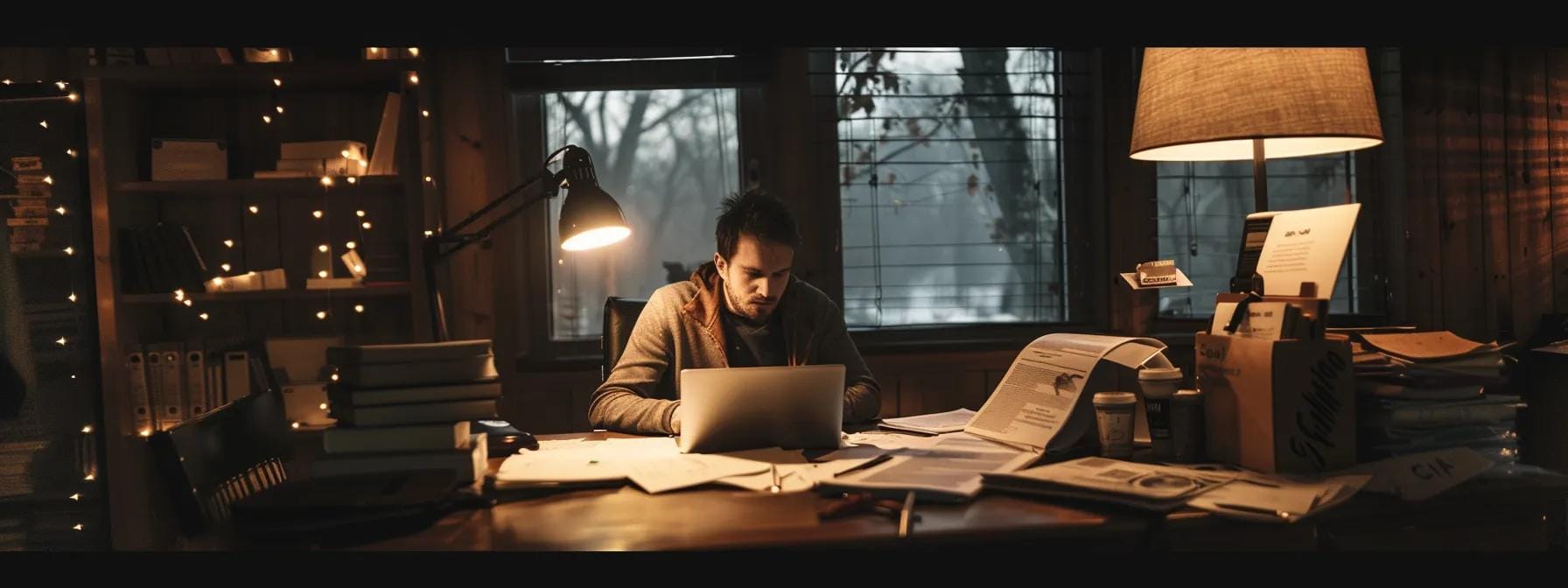 a dimly lit office space showcases a stressed homeowner reviewing emergency roof repair quotes on a laptop, surrounded by scattered paperwork and a weathered roof repair manual, emphasizing the urgency and financial impact of unexpected home repairs.