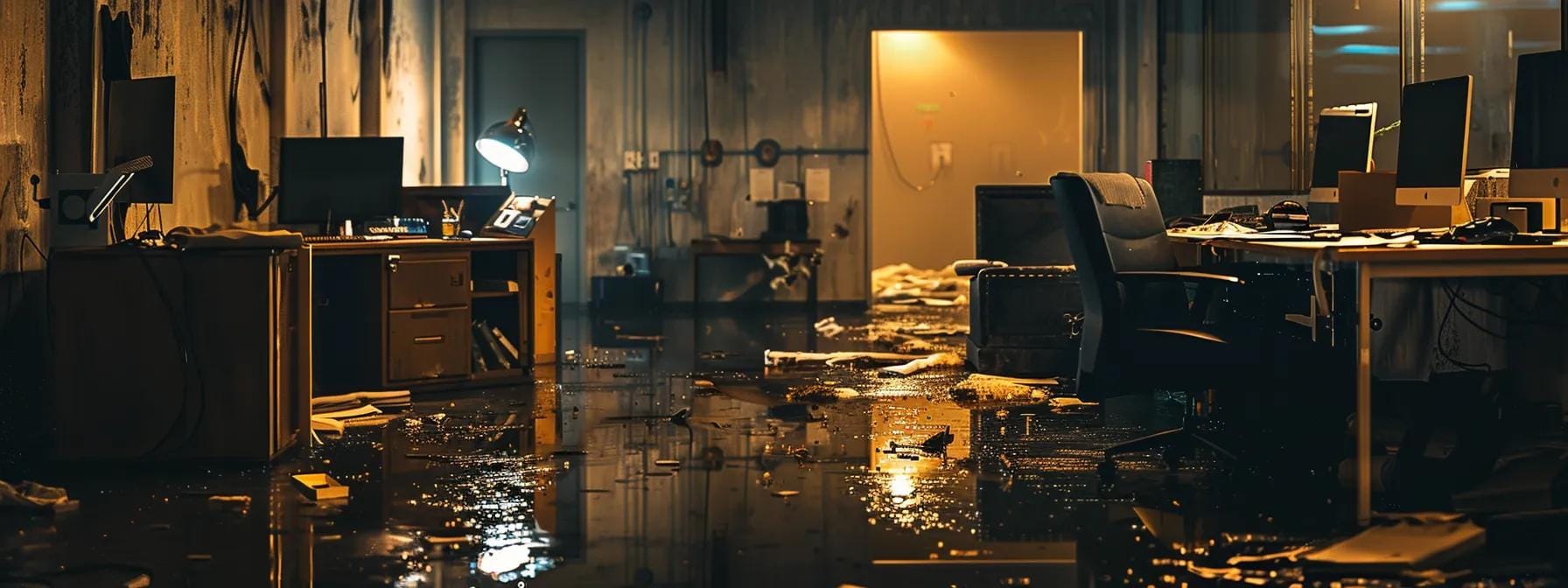 a dimly lit urban office with a focused spotlight on a deteriorating roof section, highlighting visible damage and water stains as a metaphor for the escalating costs of postponed roof inspections.