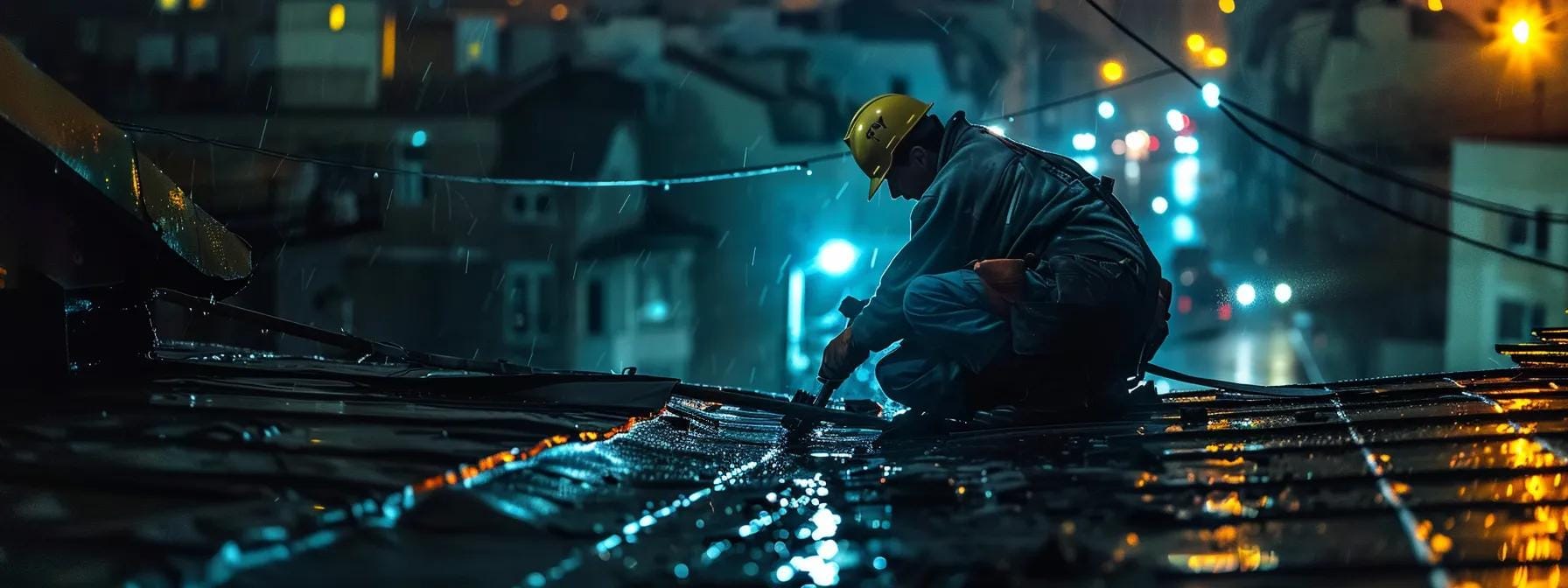 a dramatic nighttime scene of a skilled roofing technician swiftly repairing a damaged rooftop under bright floodlights, showcasing the urgency and reliability of norristown roofing solutions' emergency services amidst a dark urban backdrop.