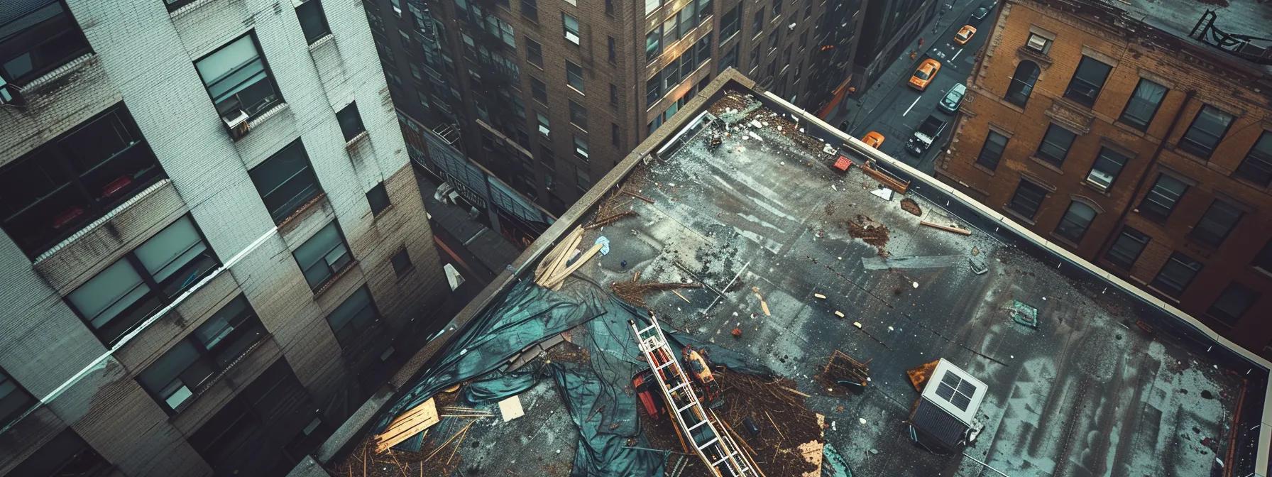 a dramatic overhead shot of a commercial building's roof displaying clear signs of severe damage, with tarps and emergency repair equipment ready for immediate action against a moody, overcast urban skyline.
