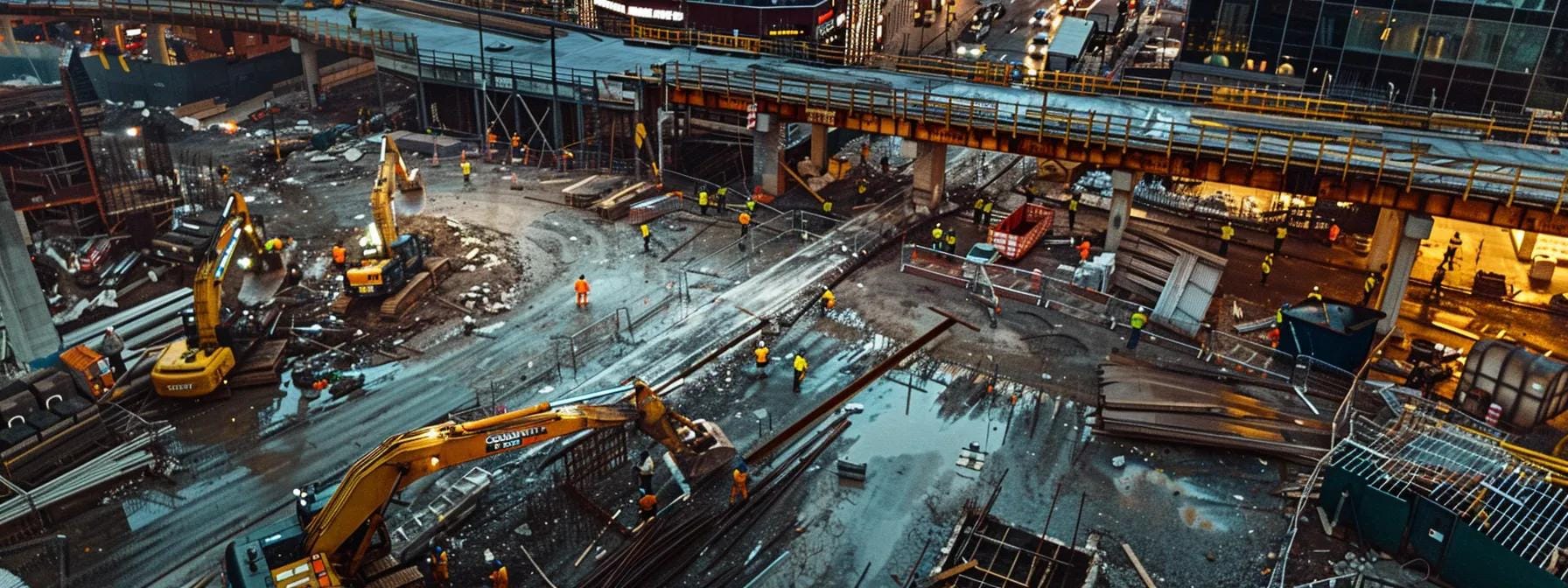 a dramatic shot of a bustling urban construction site showcasing emergency roof repairs in progress, with workers assessing extensive damage on a multi-story building under bright, artificial lights.
