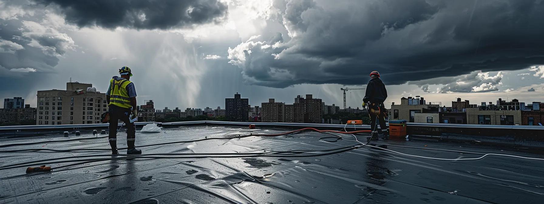a dramatic urban rooftop scene showcases a team of professionals in safety gear swiftly applying emergency tarp repairs to a damaged roof, with looming storm clouds in the background, emphasizing the urgency and expertise required in roof restoration.