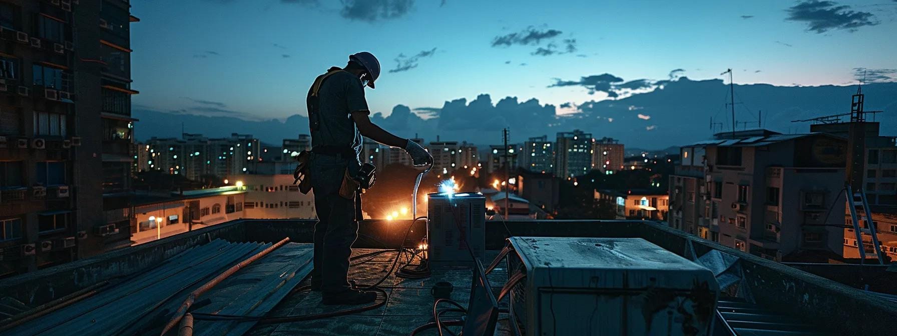 a dynamic nighttime rooftop scene showcases a skilled technician swiftly repairing a damaged roof under artificial lighting, emphasizing the urgency and professionalism of 24/7 emergency services.