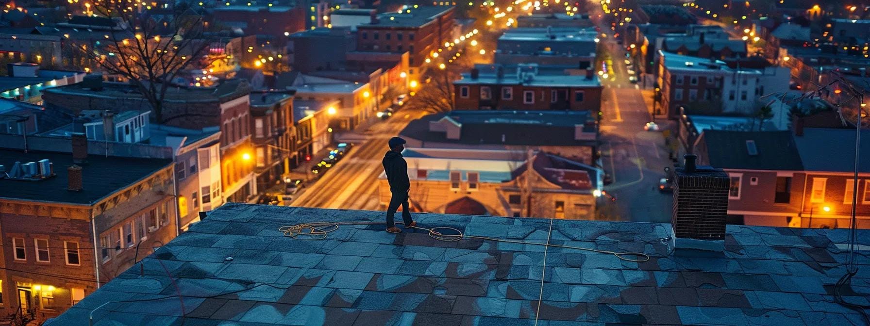 a dynamic urban roofing contractor responds to an emergency call, showcasing a team swiftly assessing a damaged rooftop under bright worksite lights and the bustling streets of norristown in the background.