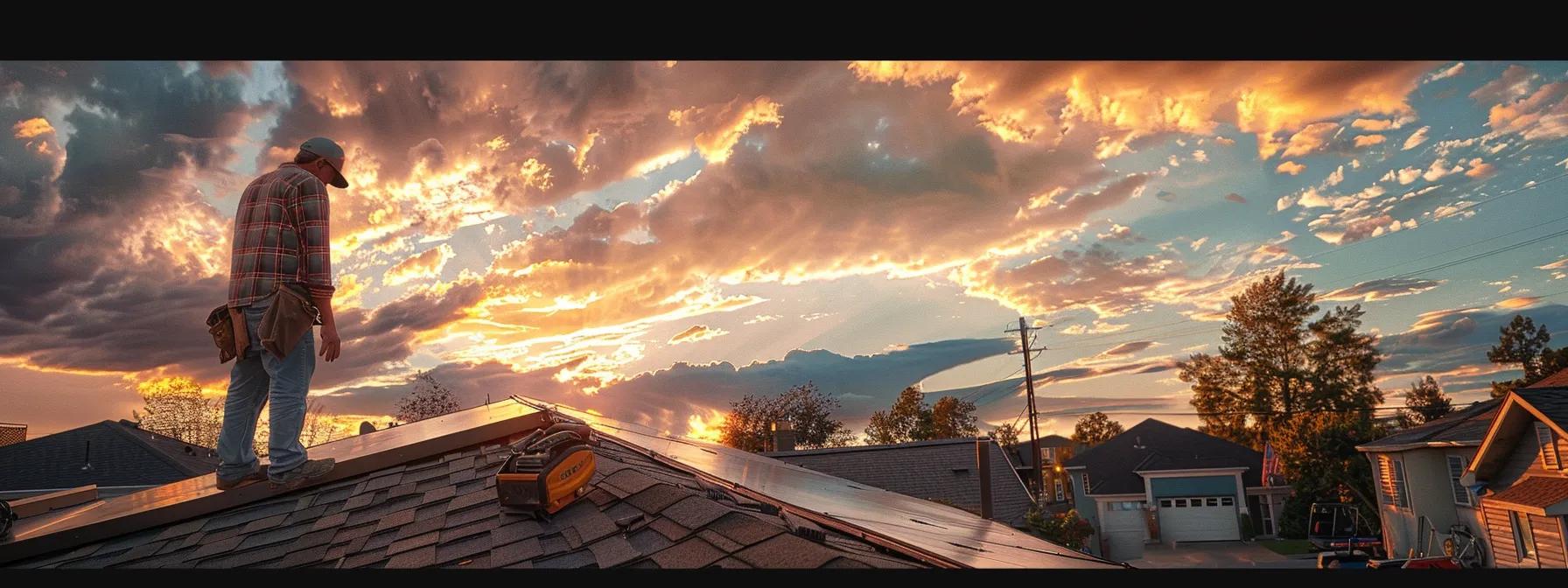 Roofer standing on a sloped roof at sunset, with tools visible, showcasing expertise in roofing services in a residential setting.