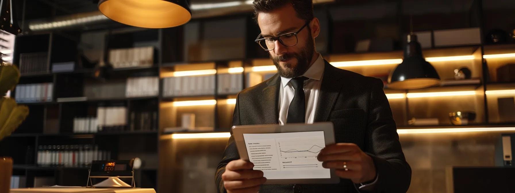 a focused office scene captures a professional real estate agent engaging with a digital tablet, displaying a clear infographic on roof inspection costs, highlighting savings potential and benefits, illuminated by the soft glow of desk lamps against a streamlined modern backdrop.