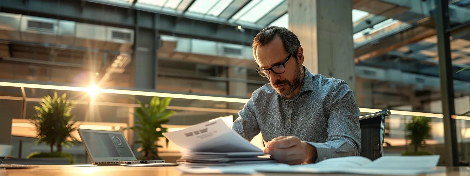 a focused office setting features a professional contractor seated at a sleek conference table, diligently reviewing a stack of licensing documents and certifications, illuminated by bright overhead lighting that highlights the importance of credential verification in ensuring quality roofing services.