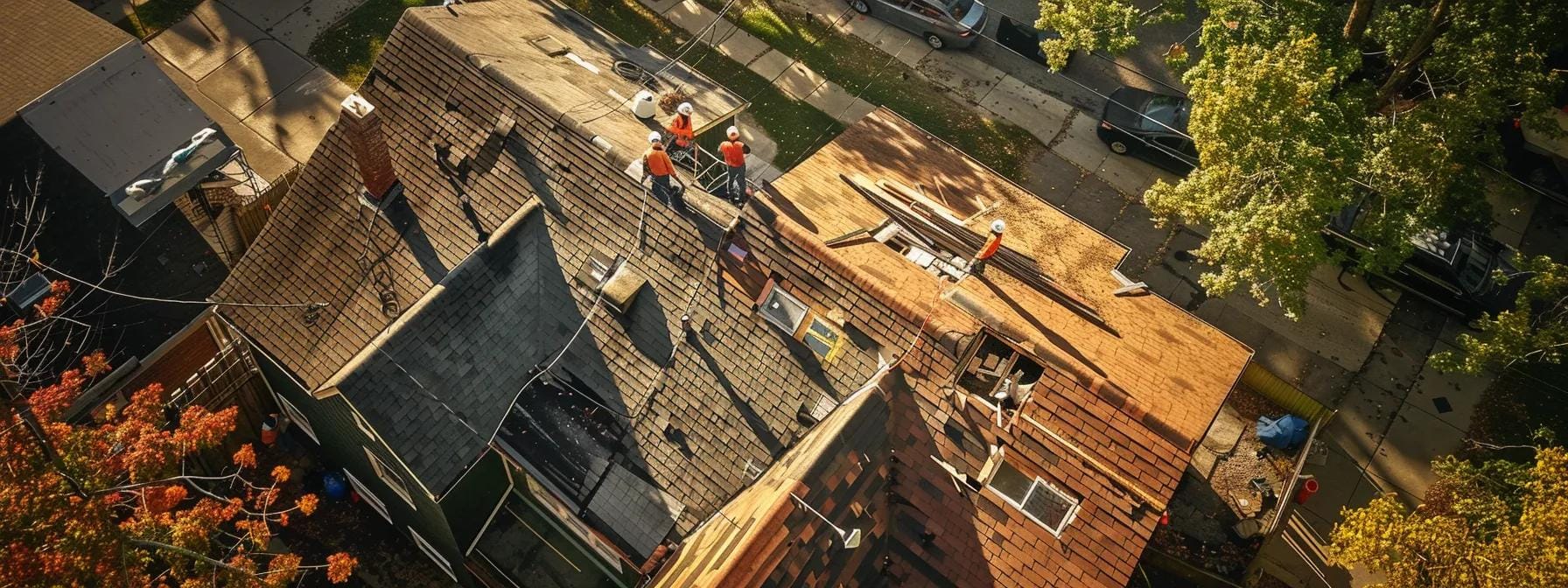 a focused scene of a construction crew working on a residential roof in an urban neighborhood, showcasing a detailed aerial view of the repair process with safety equipment and tools prominently displayed against a backdrop of nearby homes.