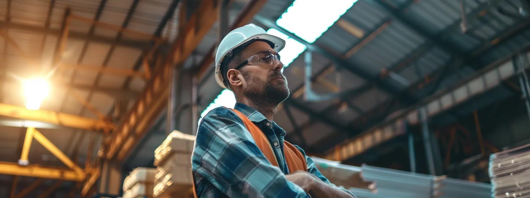 a focused shot of a skilled contractor inspecting high-quality roofing materials in a well-organized urban workshop, under bright overhead lighting, emphasizing professionalism and precision in emergency roof repairs.
