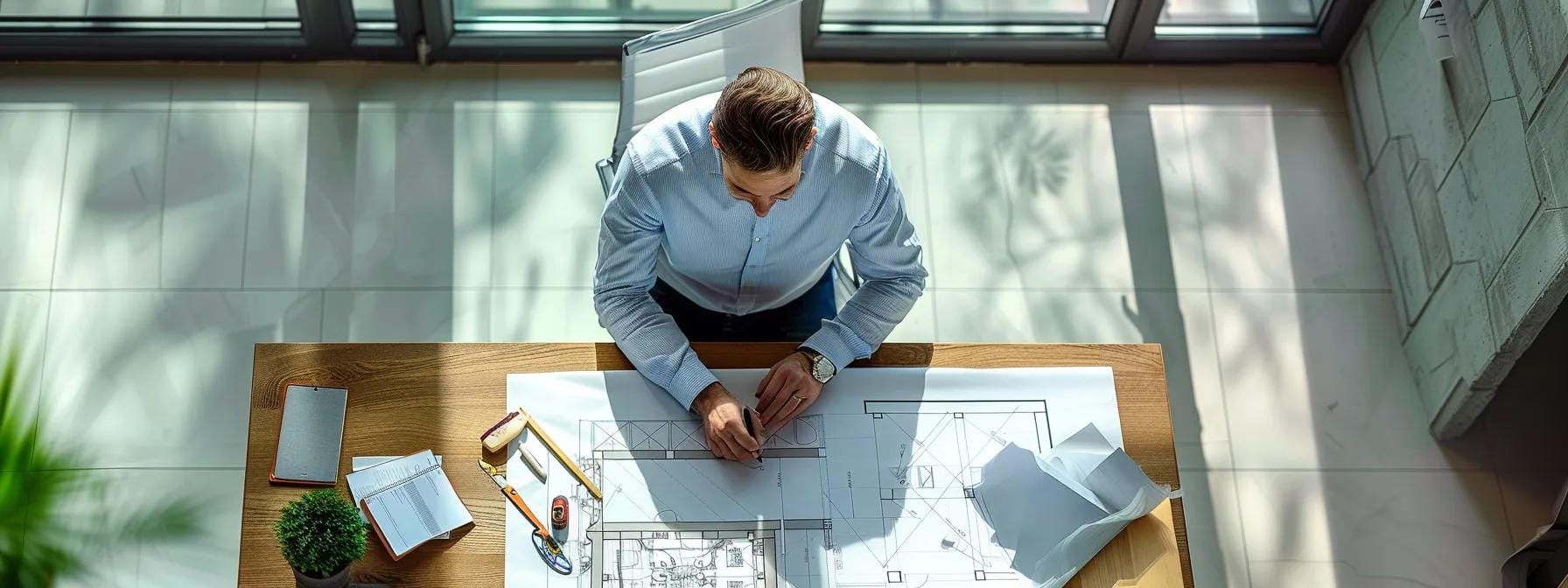 a focused urban office environment showcases a professional inspecting a detailed blueprint of a roofing system, surrounded by maintenance tools, emphasizing proactive strategies for leak prevention.