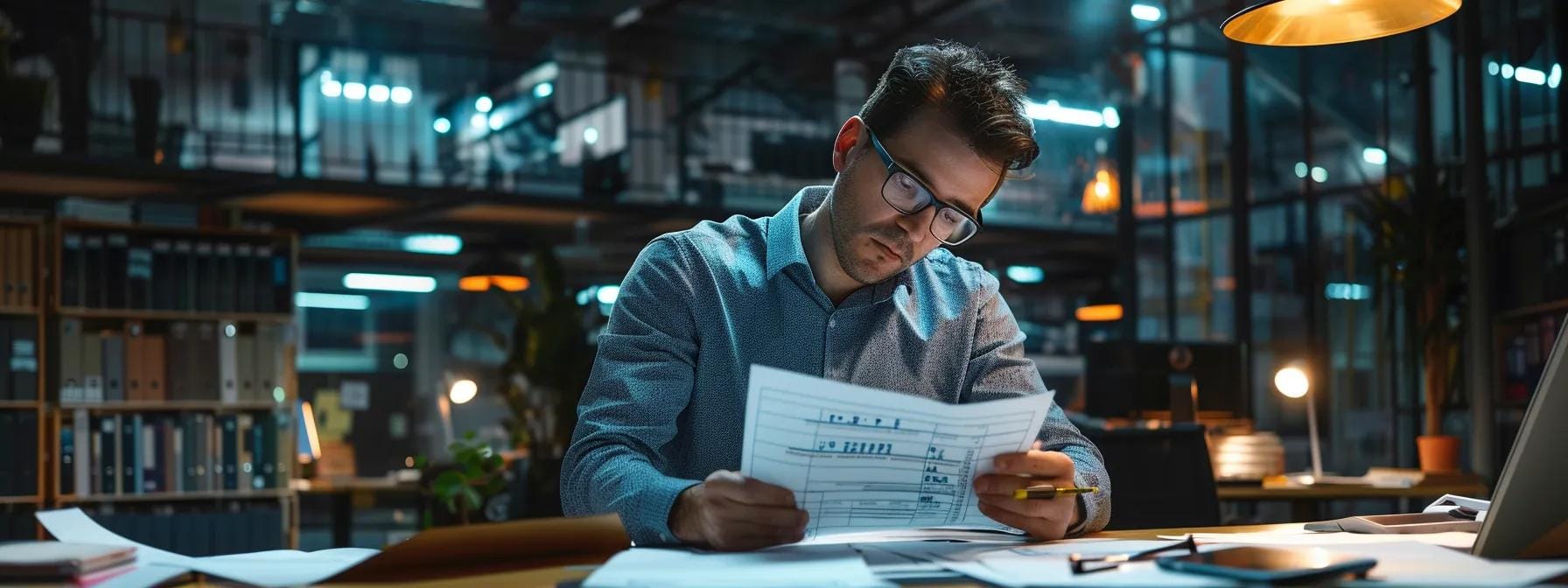 a focused urban office scene featuring a professional examining detailed insurance documents related to emergency roof repairs, illuminated by bright overhead lights, emphasizing the importance of understanding policy criteria in a modern workspace.