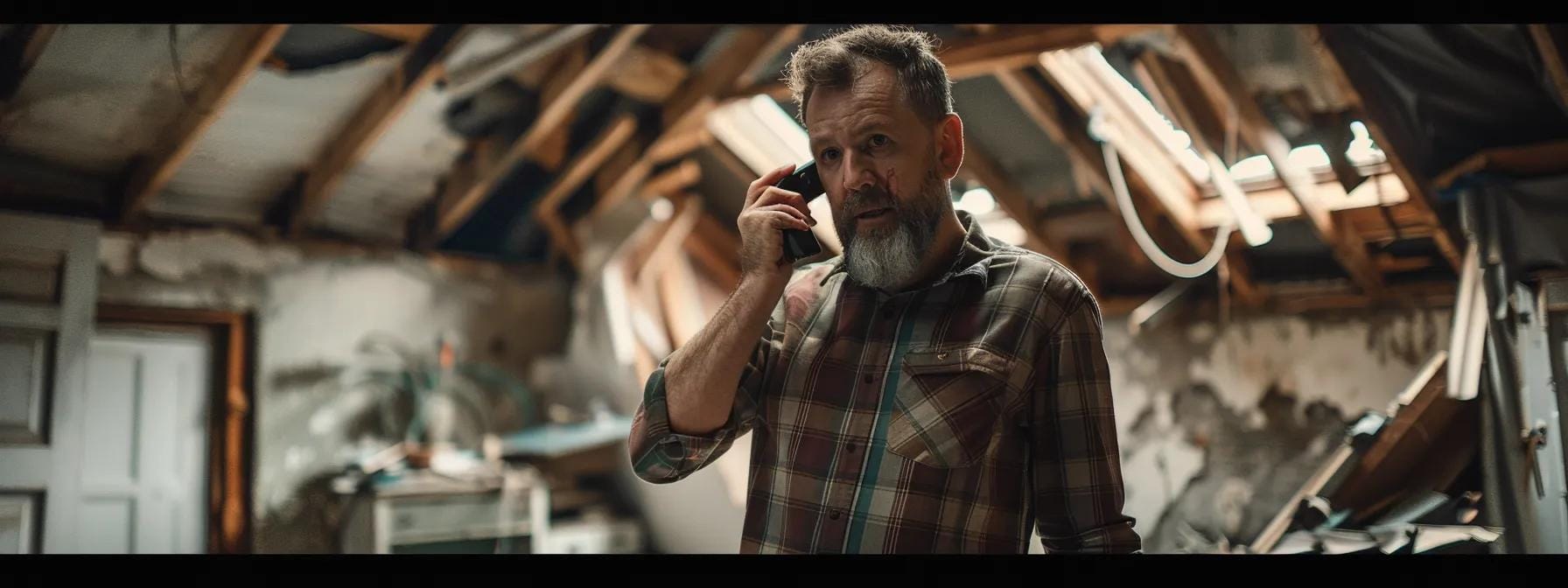 a focused view of a concerned homeowner standing in front of a damaged roof, engaging in a phone consultation with a professional contractor in a cluttered, urban office setting, showcasing urgency and the search for expertise during a roofing emergency.