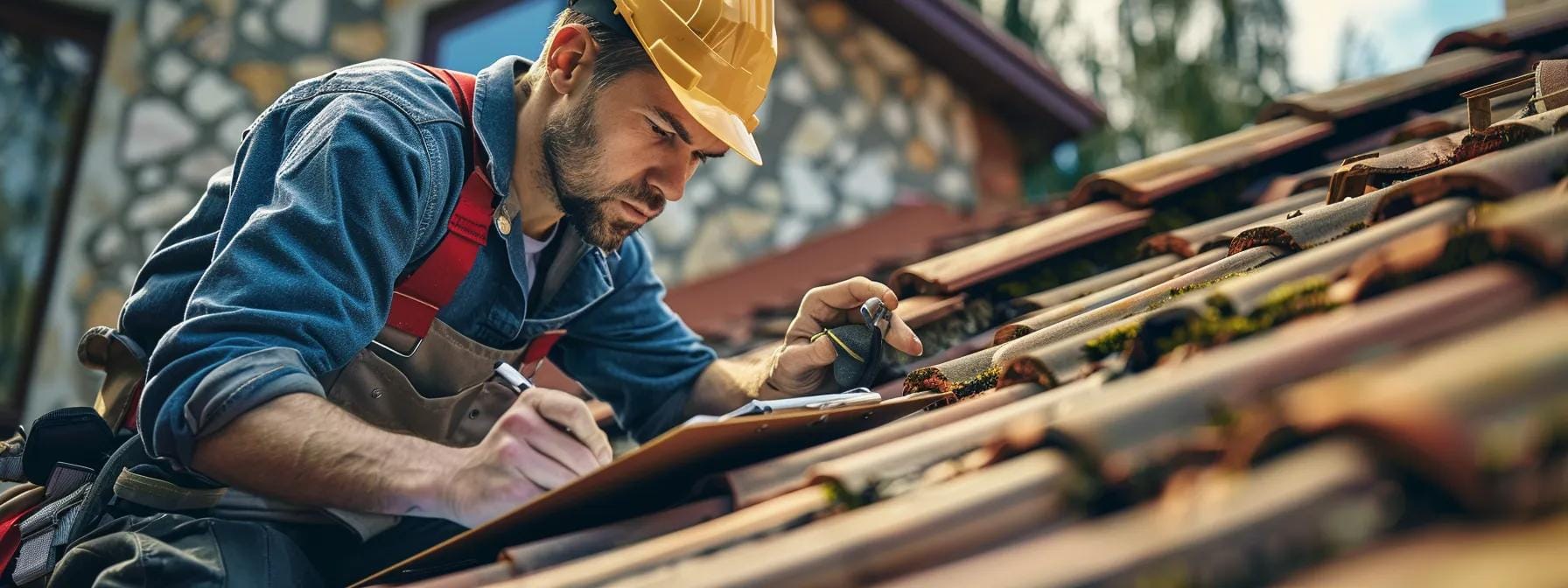 a focused view of a contractor meticulously inspecting a roof with a clipboard and tools in an urban neighborhood, highlighting the contrasting quality of repair materials and craftsmanship under dramatic overhead lighting.