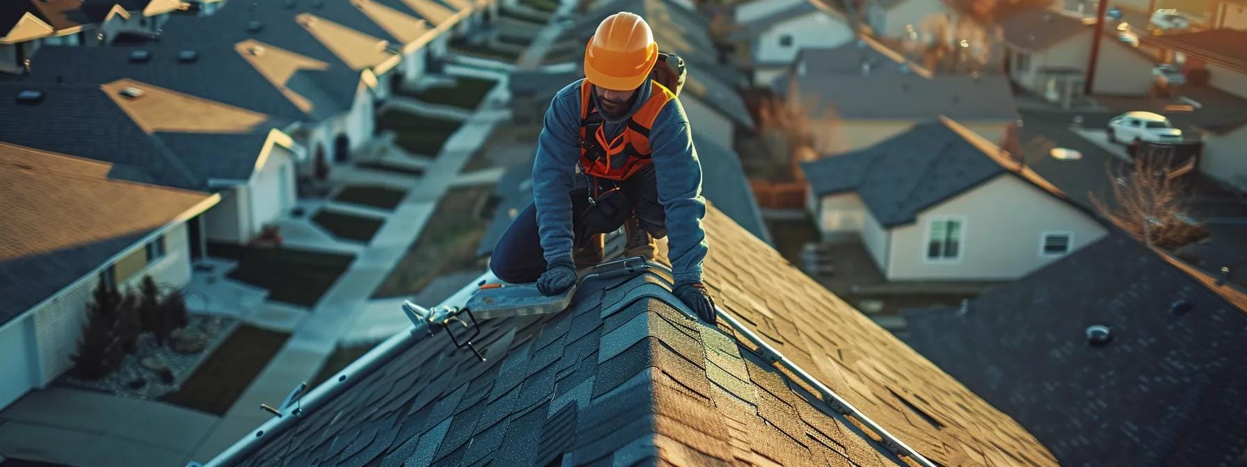 a focused view of a professional roof inspector examining a residential roof from a ladder, set against a modern suburban backdrop, showcasing the inspector's dedication to thorough and transparent evaluations.