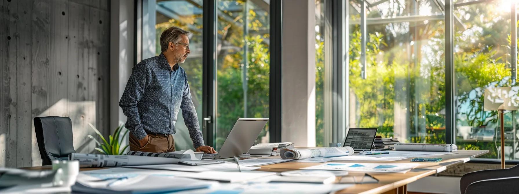 a focused, well-lit office scene features a homeowner intently discussing emergency roof repairs with a contractor, surrounded by building plans and cost estimates spread across a sleek conference table.