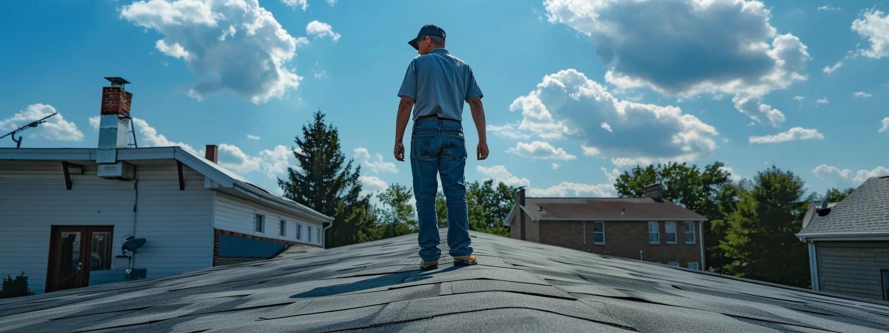 a meticulously maintained rooftop in a suburban norristown setting, featuring a professional inspector examining the roof's surface under clear blue skies, highlighting the importance of regular inspections for homeowners' safety and property value.
