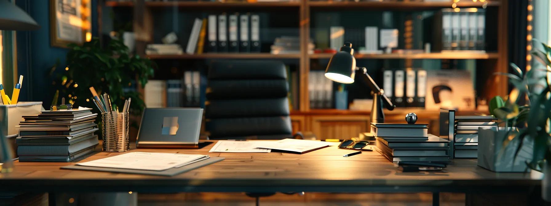 a meticulously organized office space showcases a professional roof inspection report on a sleek desk, surrounded by tools and equipment that emphasize preparation and proactive maintenance practices.
