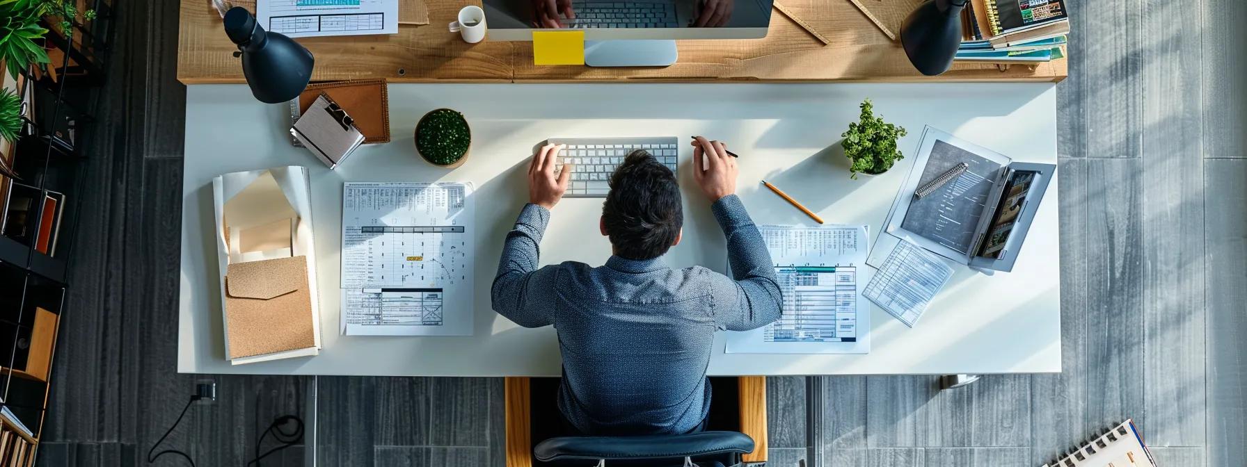 a meticulously organized office workspace showcases a professional inspecting a detailed roof maintenance checklist, with high-quality roofing materials prominently displayed on a sleek desk, emphasizing the importance of regular inspections and proactive care in preventing roof damage.