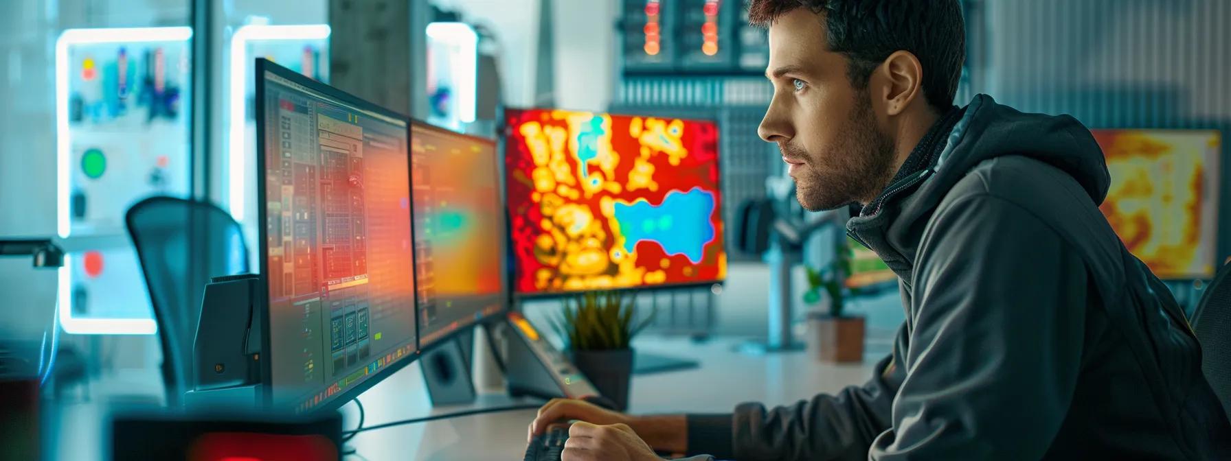 a modern office environment features a technician using advanced thermal imaging equipment, showcasing vibrant heat maps on a high-resolution screen while evaluating a wall for hidden leaks, emphasizing the precision and efficiency of contemporary leak detection methods.