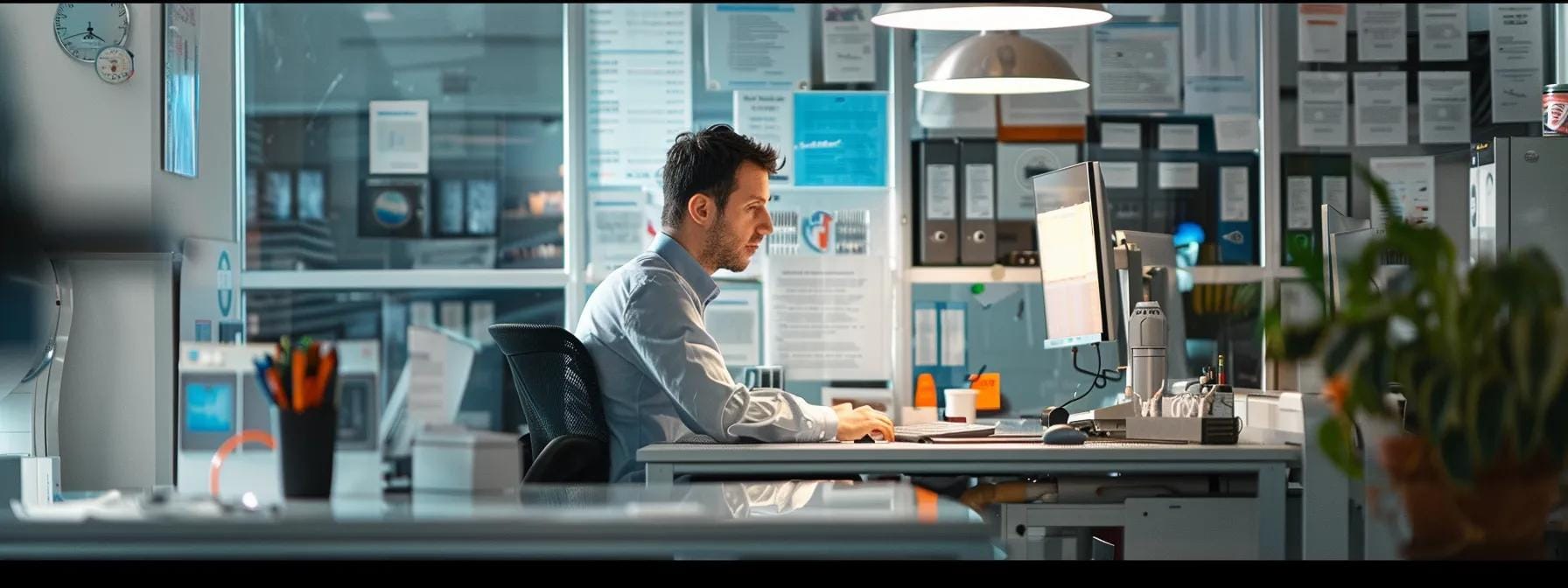 a modern office environment showcases a professional technician examining a water leak with an advanced diagnostic tool, surrounded by visible certificates and customer review plaques that highlight reliability and quality service.
