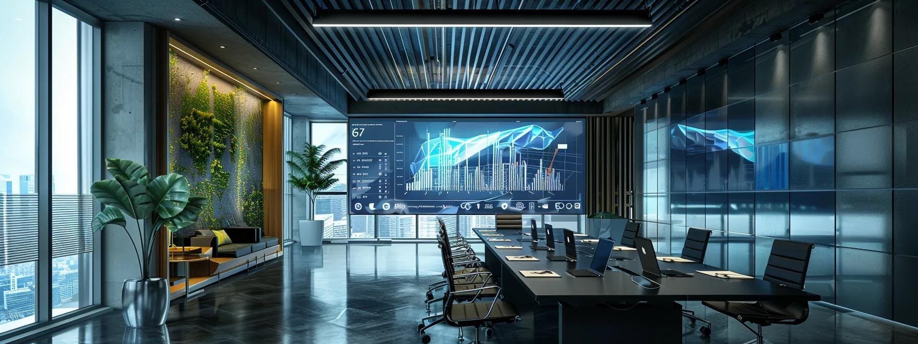 a modern office meeting room features a visually engaging presentation on the financial breakdown of roof inspection costs, with a sleek digital screen displaying detailed graphs and charts against a backdrop of stylish urban decor.