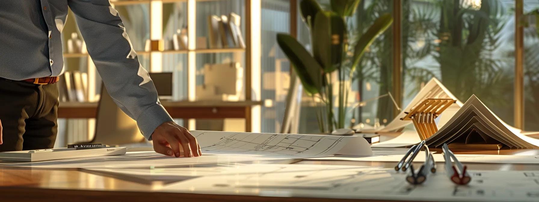 a modern office setting features a professional inspector examining an intricate roof model, with detailed blueprints and inspection tools spread out on a sleek conference table, highlighting the importance of thorough assessments and cost transparency in roof inspections.