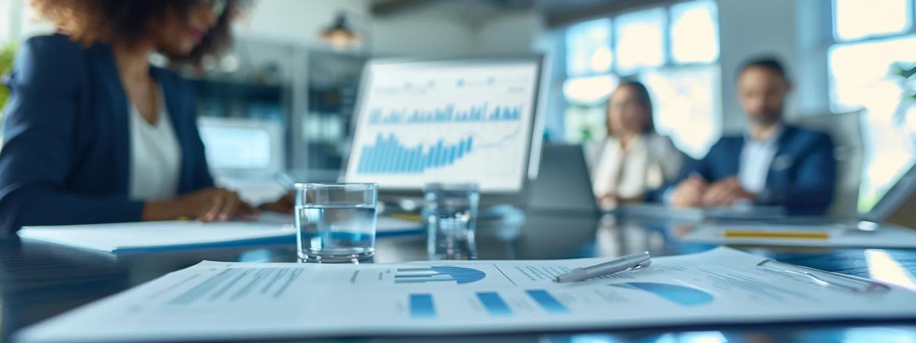 a modern office setting features a professional consultant explaining inspection costs and additional fees to a client, with detailed inspection reports and digital devices displayed prominently on the sleek conference table.