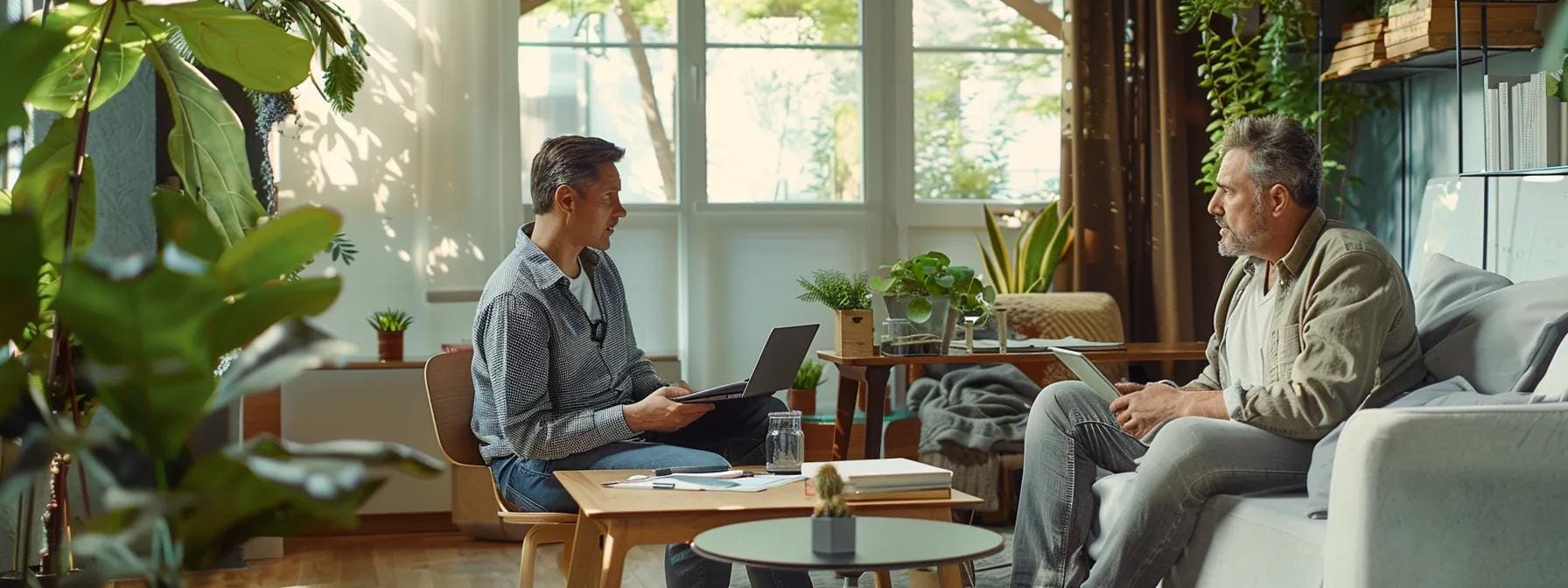 a modern office setting features a professional contractor and a homeowner engaged in a detailed discussion over a transparent cost estimate for emergency roof repair, with itemized documents and digital devices highlighting the theme of clarity in pricing.