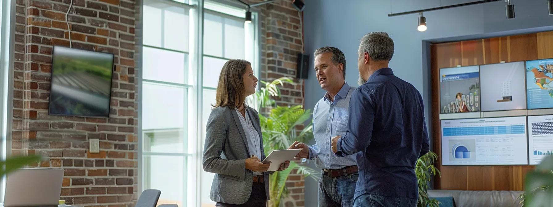 a modern office setting in norristown showcases a professional roofing consultant engaged in a detailed discussion with a homeowner, surrounded by clear reports and pricing charts that emphasize transparency in roofing inspection services.