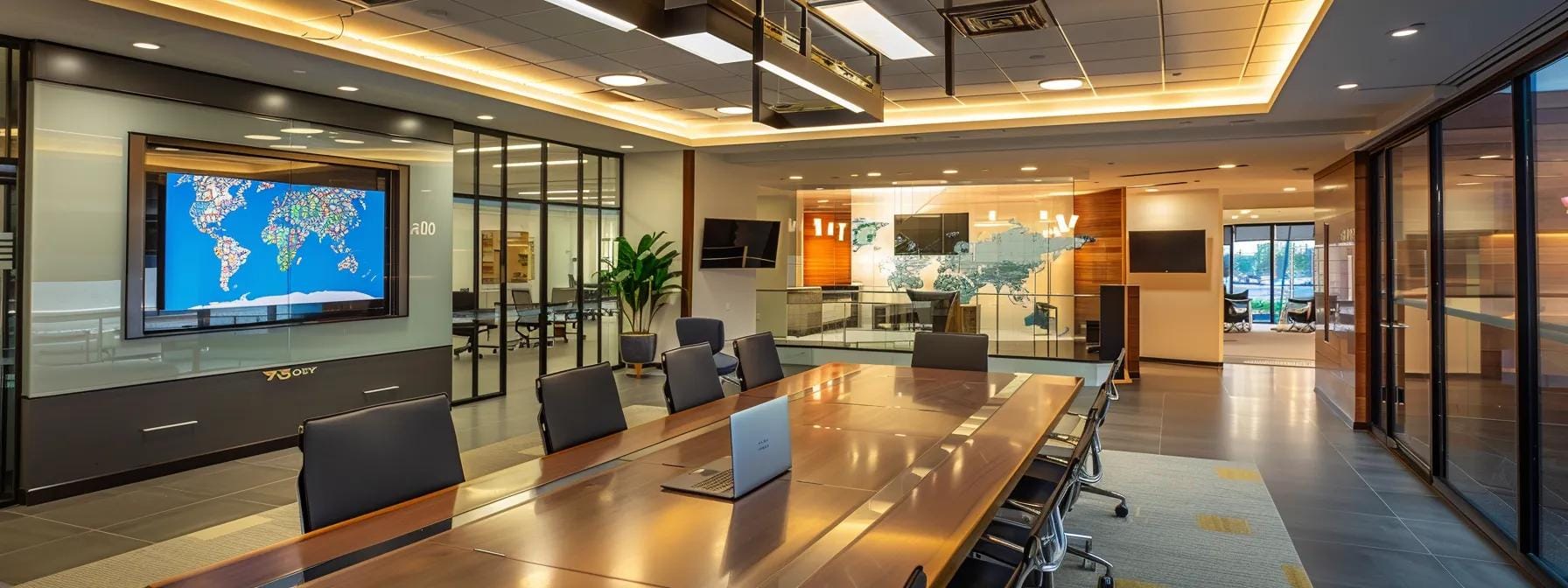 a modern roofing contractor's office displays a sleek conference table surrounded by roofing samples, with an open laptop showing cost estimates and a large map of norristown on the wall, illuminated by bright overhead lighting.