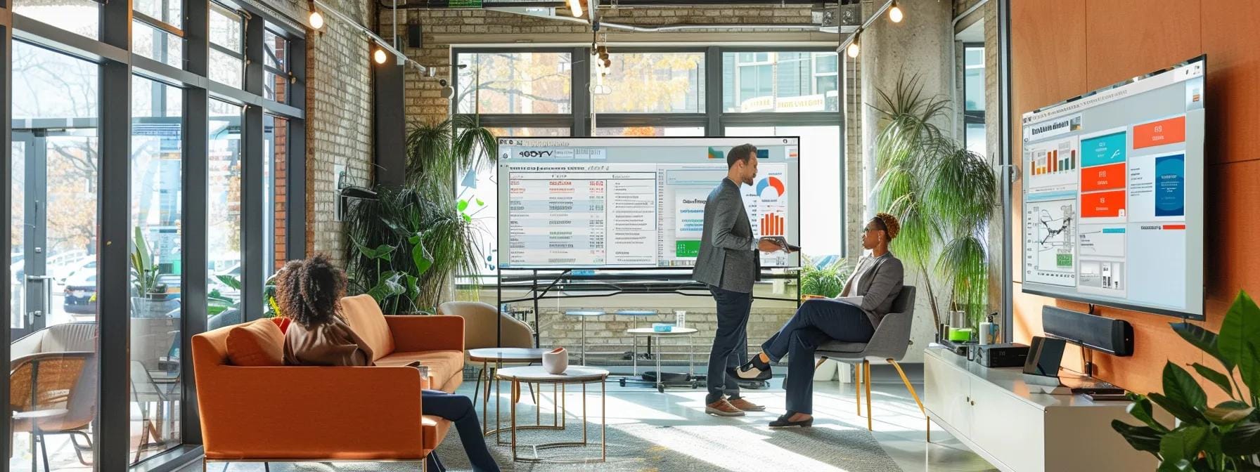 a modern, well-lit urban office setting features a professional discussing roof inspection pricing options with a client, surrounded by detailed reports, charts, and a large screen displaying roofing technology visuals.