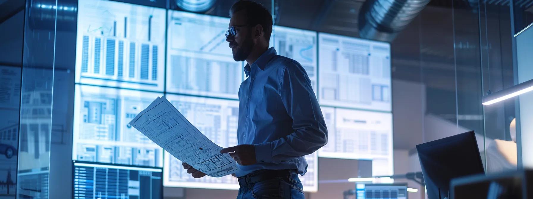 Professional contractor reviewing architectural blueprints in a modern office with digital screens displaying data and designs.