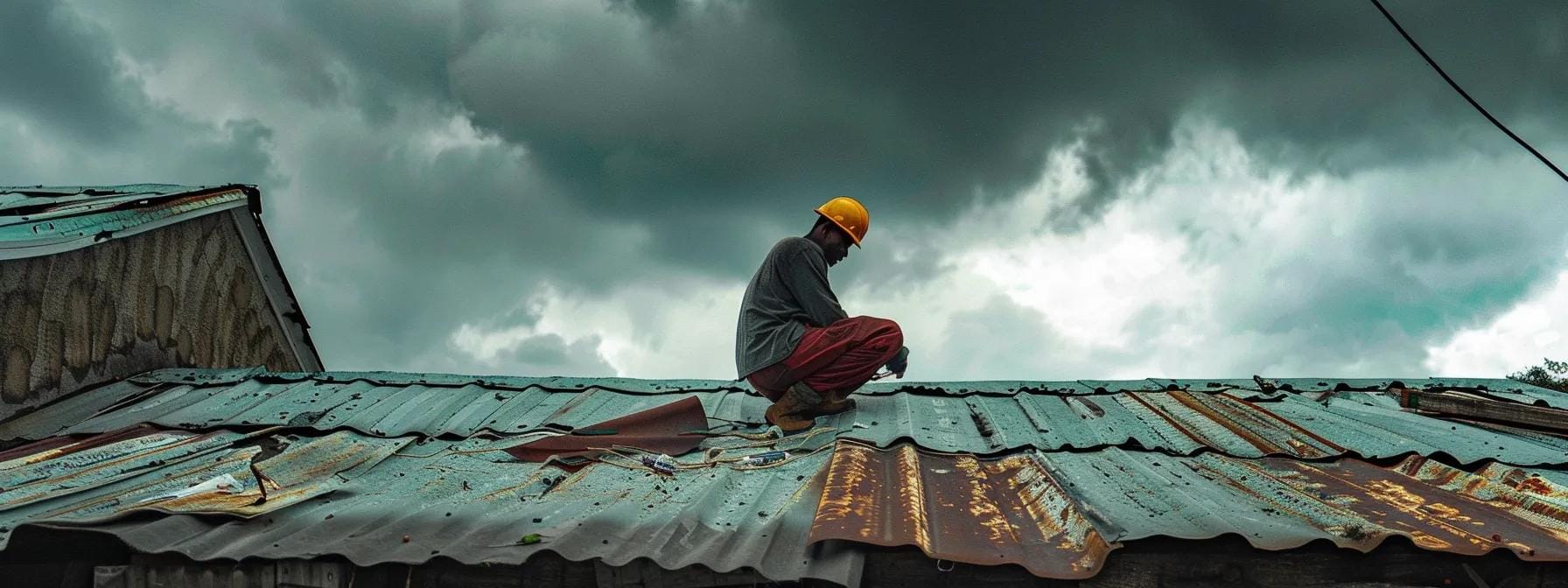 a professional contractor examines a damaged roof under dramatic, overcast skies in an urban norristown setting, highlighting the impact of weather-related wear and the urgency for repair.
