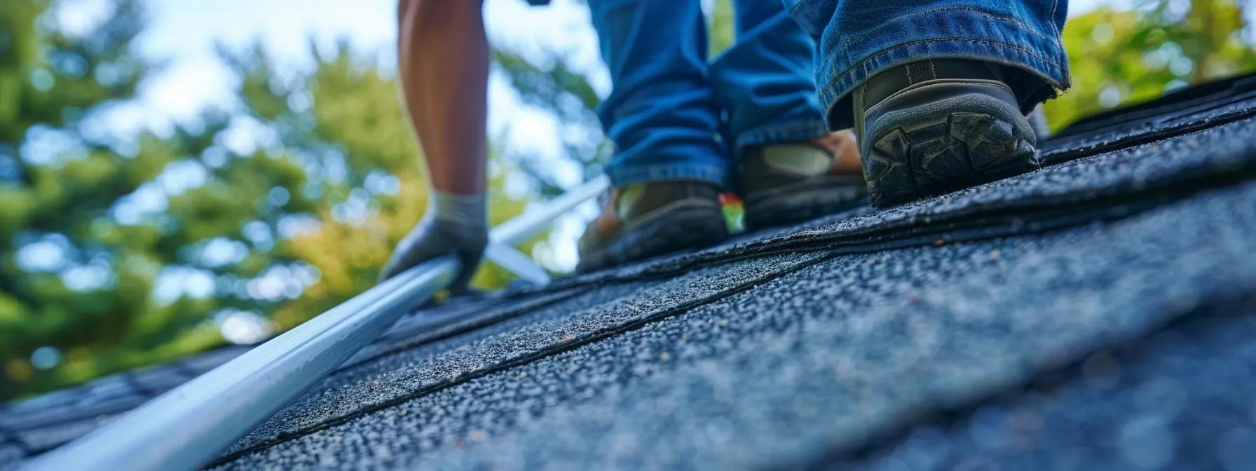 a professional inspector examines a roof from a sturdy ladder on a suburban home in norristown, showcasing crucial documentation and tools that represent the importance of maintenance and early damage detection for homeowners.
